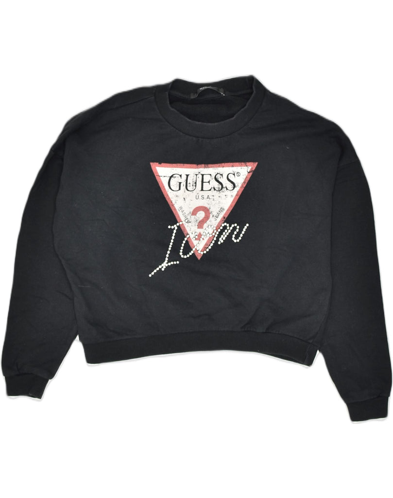 GUESS Womens Oversized Graphic Sweatshirt Jumper UK 6 XS Black Cotton | Vintage | Thrift | Second-Hand | Used Clothing | Messina Hembry 