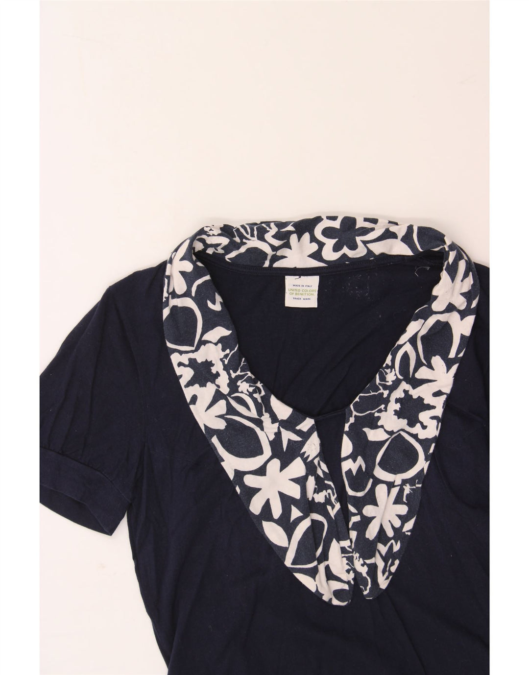 BENETTON Womens Blouse Top UK 12 Medium Navy Blue Floral Cotton Vintage Benetton and Second-Hand Benetton from Messina Hembry 