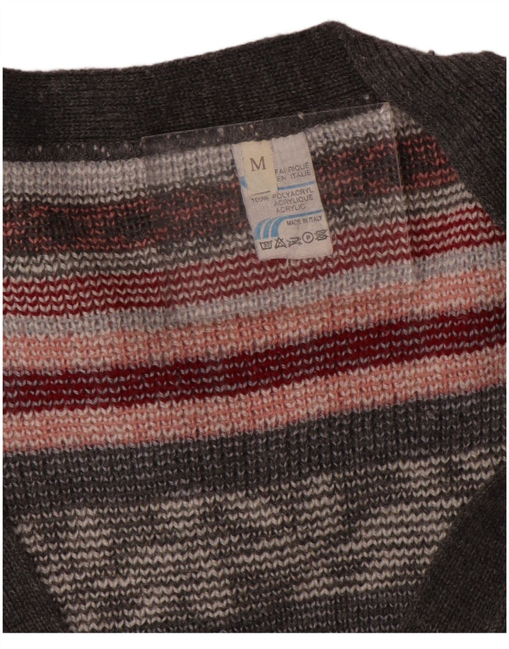 Vintage Womens Oversized Cardigan Sweater UK 14 Medium Grey Striped Acrylic
