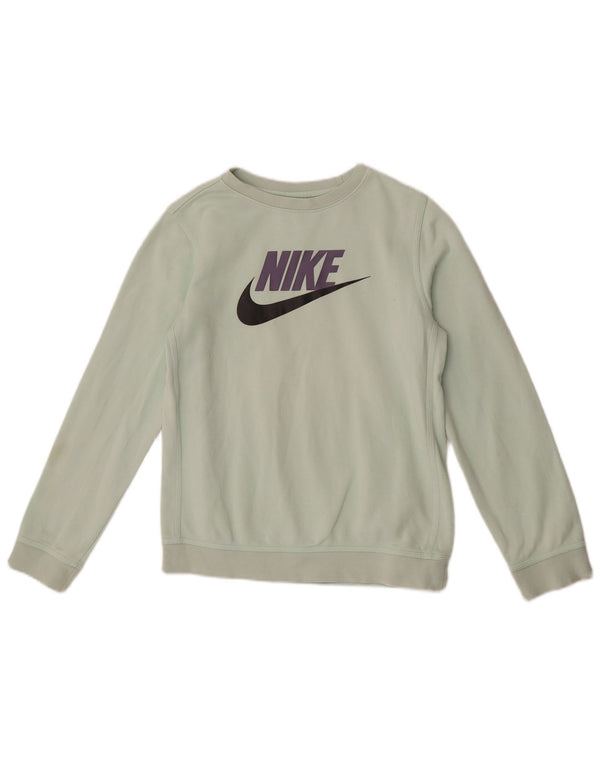 Nike Girls Graphic Sweatshirt Jumper 12-13 Years Large Green Cotton