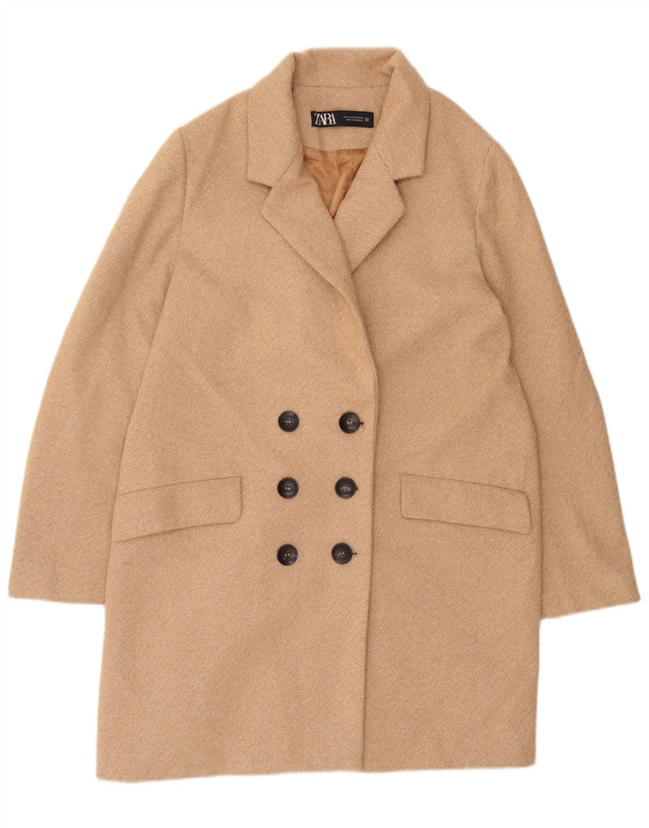 Zara Womens Double Breasted Coat UK 14 Medium Beige Polyester