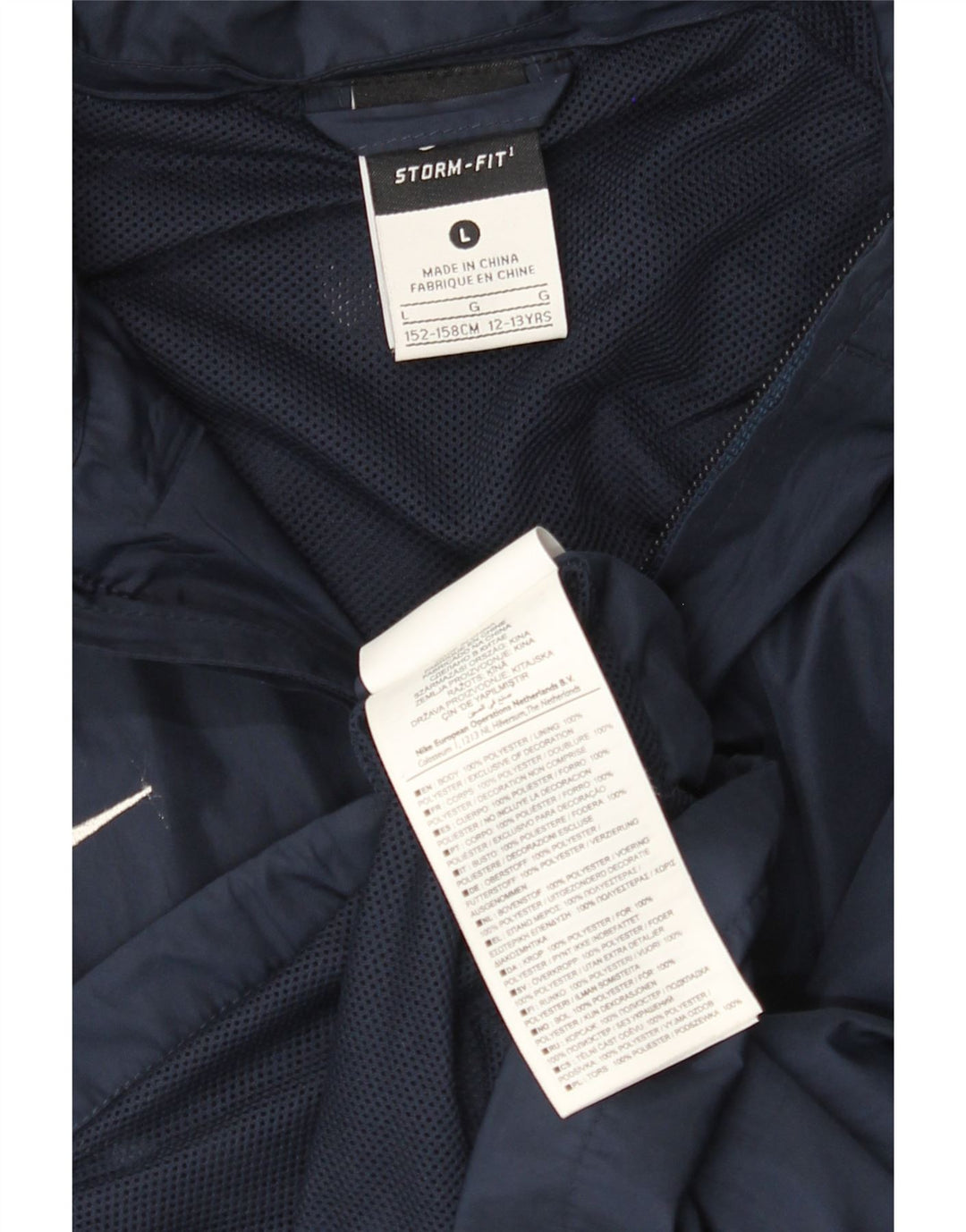 NIKE Girls Storm-Fit Rain Jacket 12-13 Years Large Navy Blue Colourblock