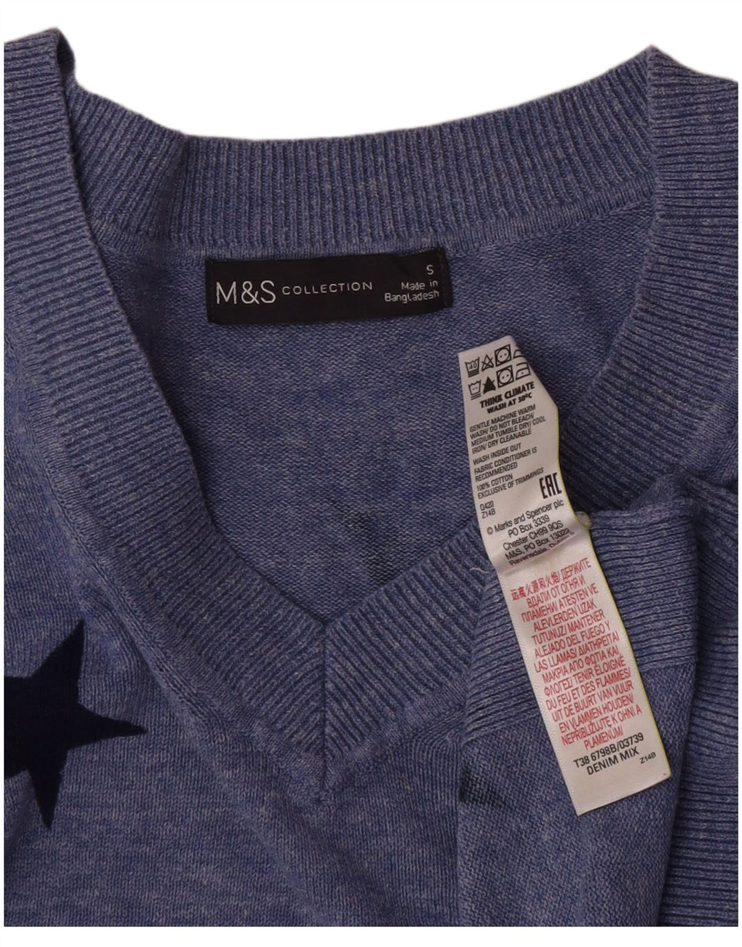 Marks & Spencer Womens Graphic V-Neck Jumper Sweater UK 10 Small Blue