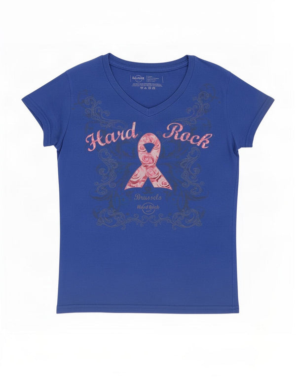 Hard Rock Cafe Womens Brussels Graphic T-Shirt Top UK 6 XS Blue Cotton