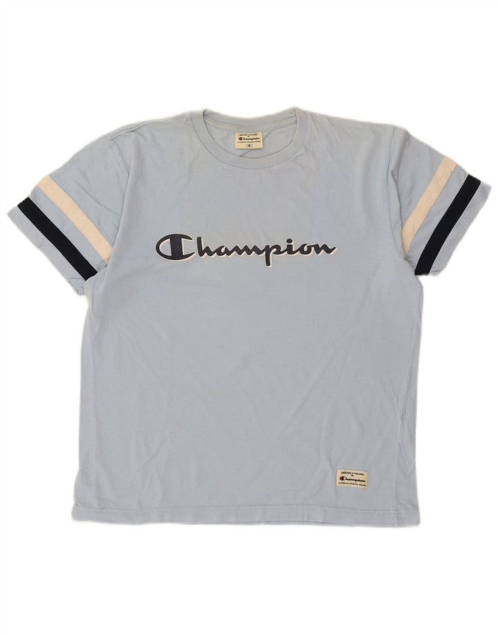 Champion Mens Graphic T-Shirt Top Medium Blue Striped Cotton