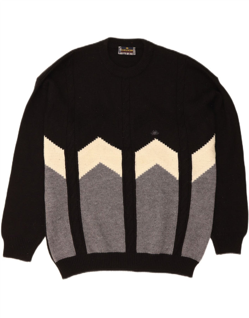 IL GRANCHIO Mens Crew Neck Jumper Sweater Large Black Colourblock Wool Vintage Il Granchio and Second-Hand Il Granchio from Messina Hembry 