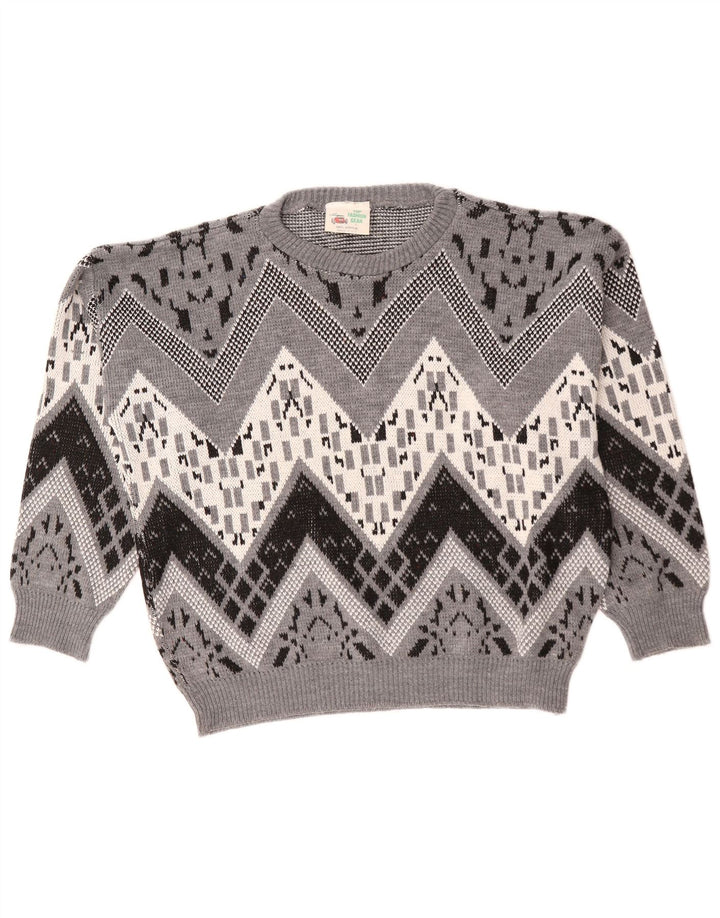 Vintage Mens Boat Neck Jumper Sweater Large Grey Chevron Acrylic
