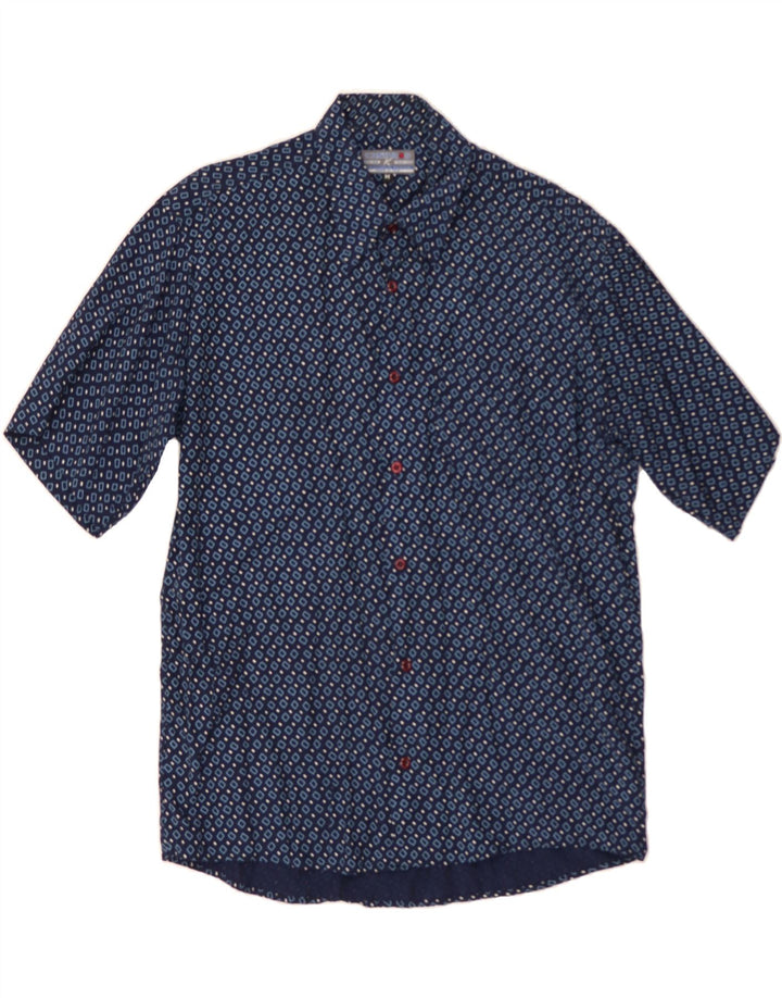 KANTAROS Mens Abstract Pattern Short Sleeve Shirt Medium Navy Blue Viscose Vintage Kantaros and Second-Hand Kantaros from Messina Hembry 