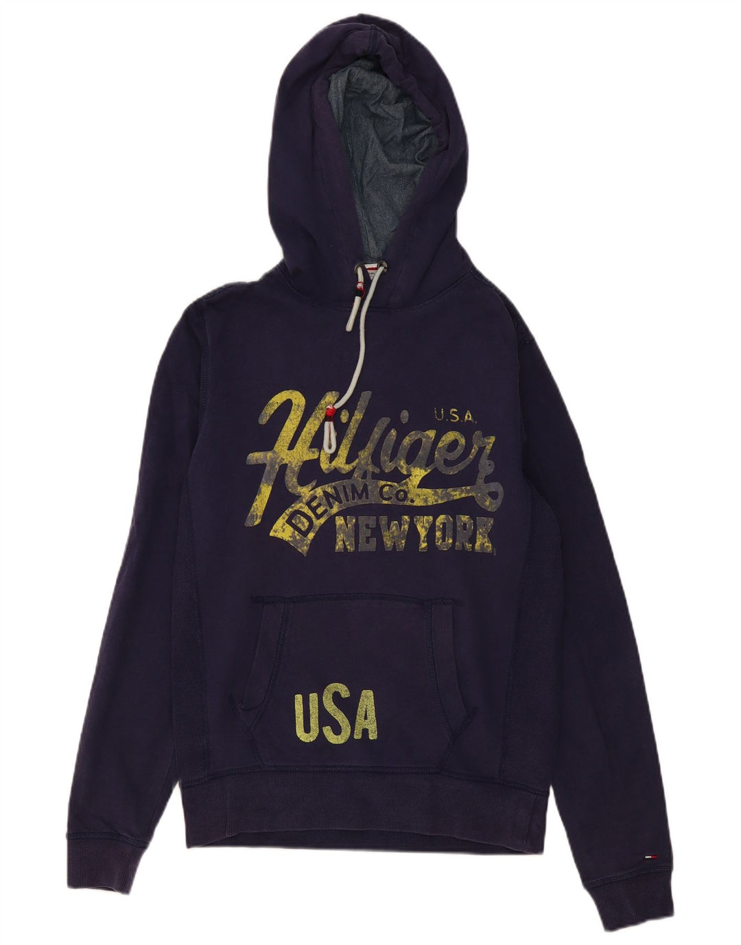 TOMMY HILFIGER Mens Graphic Hoodie Jumper Small Navy Blue Cotton