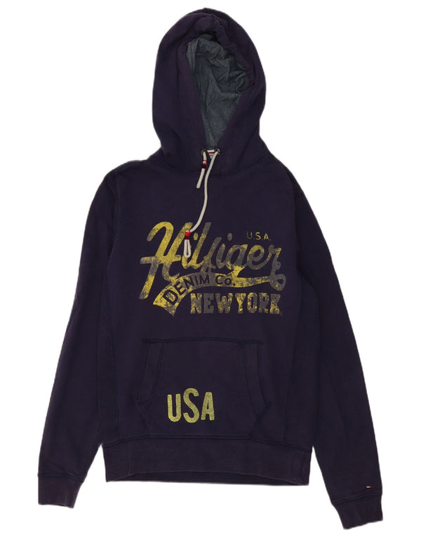 TOMMY HILFIGER Mens Graphic Hoodie Jumper Small Navy Blue Cotton