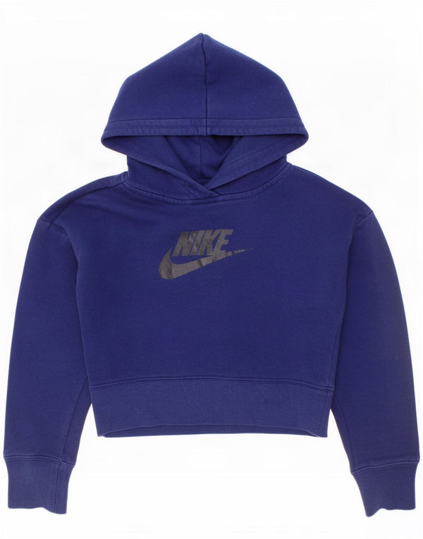 Nike Girls Graphic Hoodie Jumper 8-9 Years Small Navy Blue Cotton