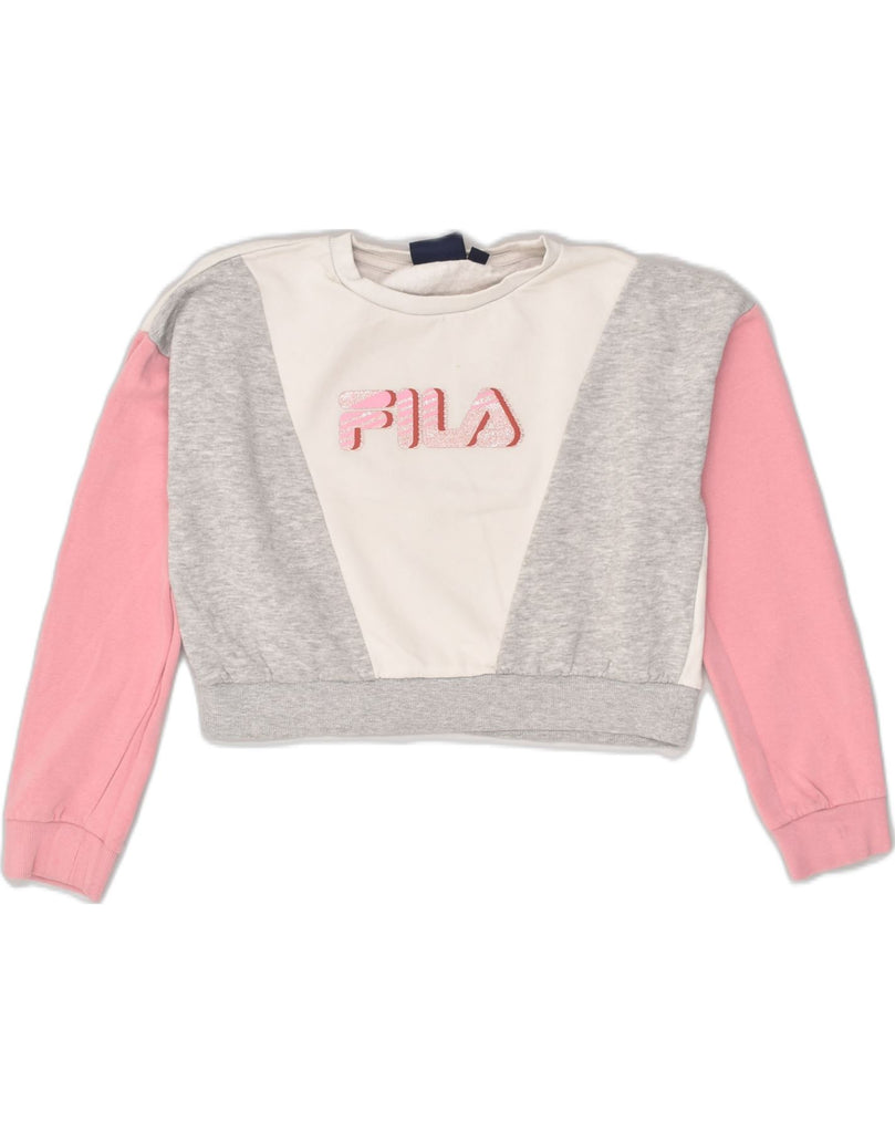 FILA Girls Crop Graphic Sweatshirt Jumper 11-12 Years White Colourblock | Vintage Fila | Thrift | Second-Hand Fila | Used Clothing | Messina Hembry 