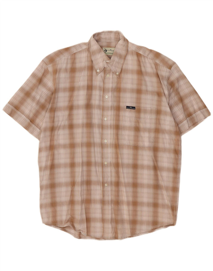 SERGIO TACCHINI Mens Short Sleeve Shirt Large Beige Check Cotton