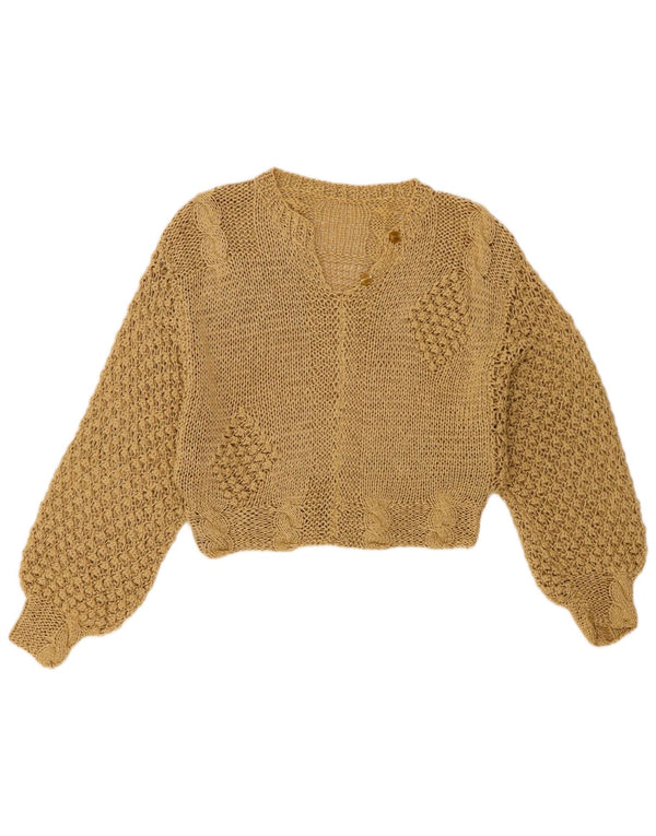 Vintage Womens Crop V-Neck Jumper Sweater UK 10 Small Beige
