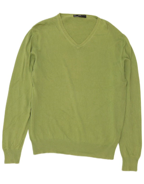Zara Mens V-Neck Jumper Sweater Large Green Cotton