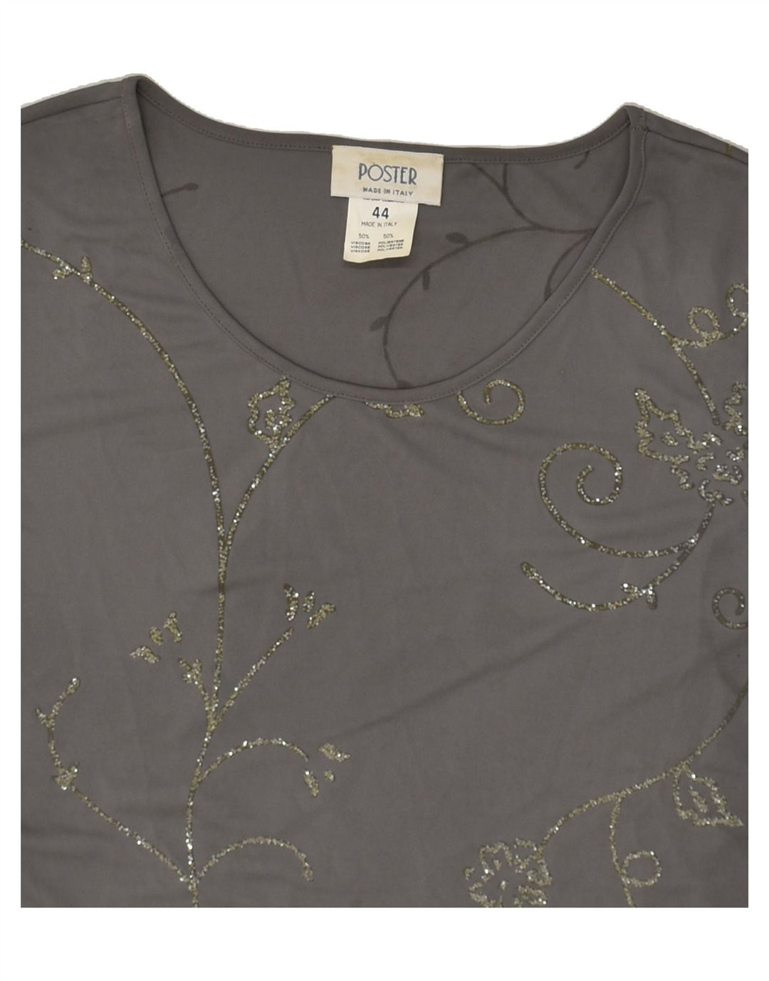 VINTAGE Womens Graphic T-Shirt Top IT 44 Medium Grey Floral Viscose | Vintage Vintage | Thrift | Second-Hand Vintage | Used Clothing | Messina Hembry 