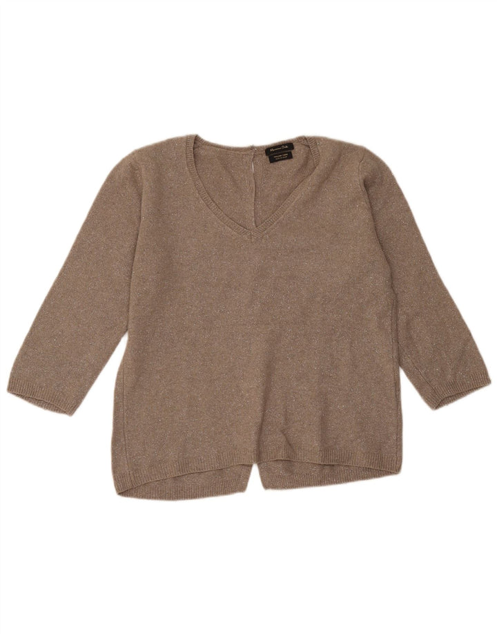 Massimo Dutti Womens 3/4 Sleeve V-Neck Jumper Sweater UK 14 Medium Brown