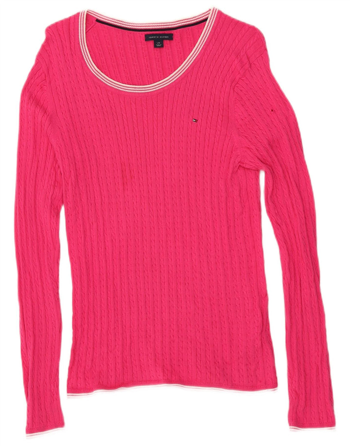 TOMMY HILFIGER Womens Boat Neck Jumper Sweater UK 14 Large Pink Cotton