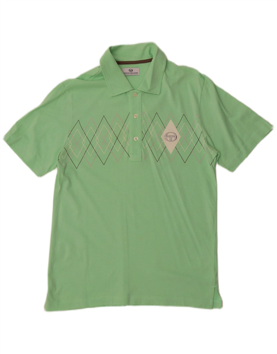 Sergio Tacchini Mens Polo Shirt Small Green Argyle/Diamond Cotton