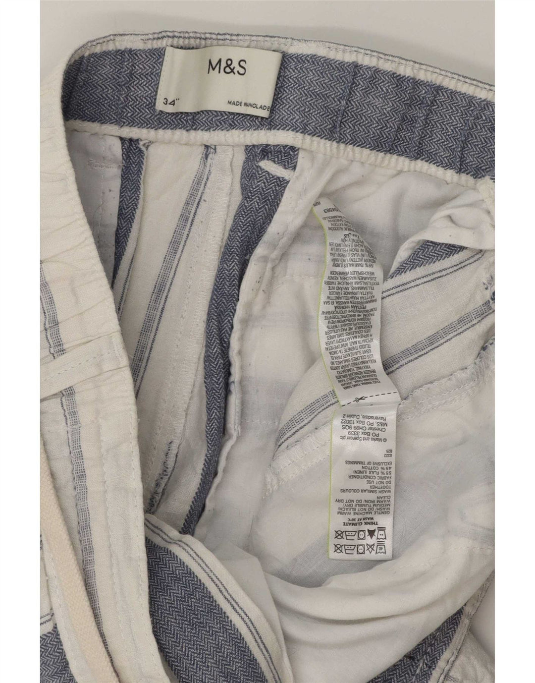 Marks & Spencer Mens Chino Shorts W34 Large White Striped Linen