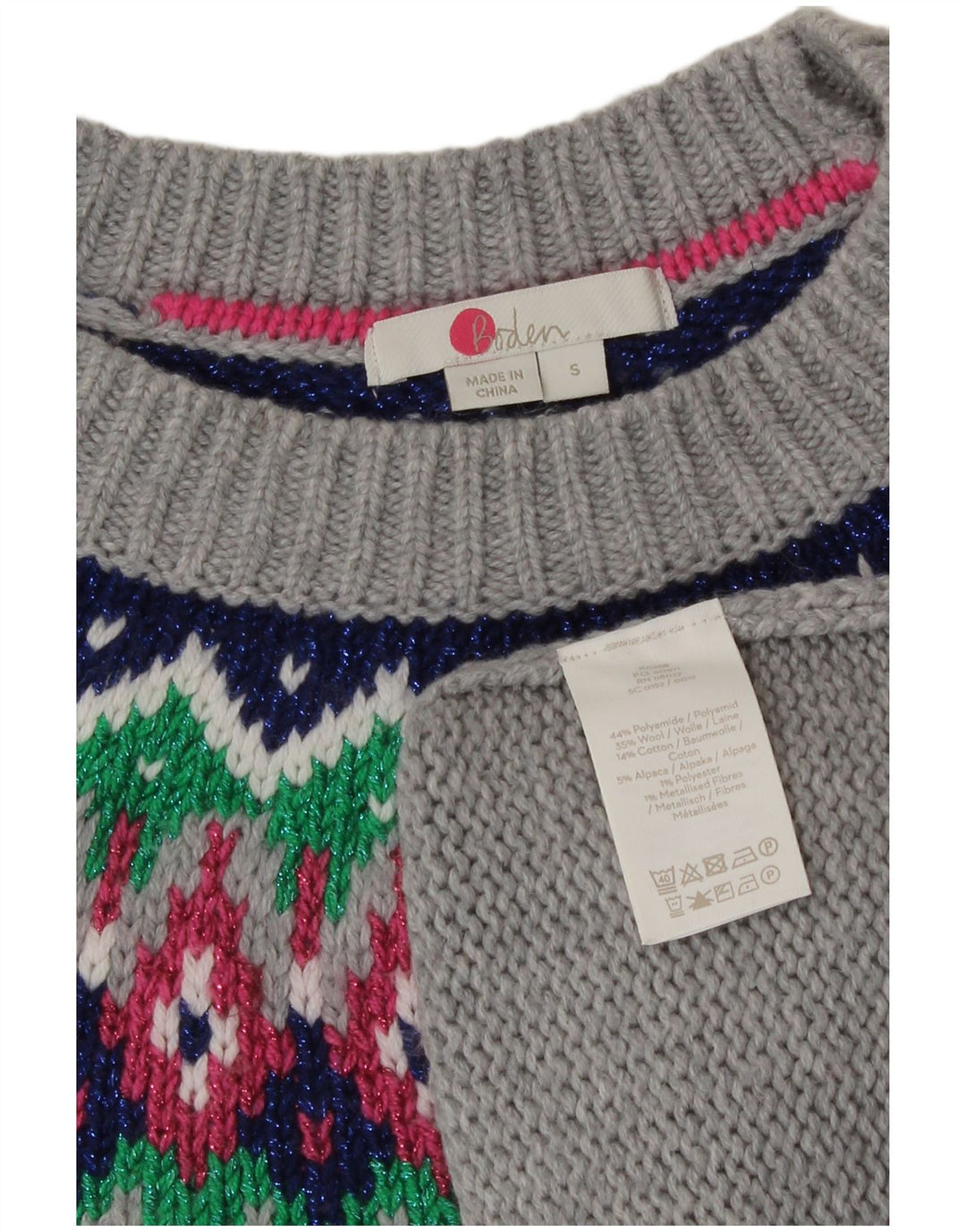 Boden Womens Crew Neck Jumper Sweater UK 10 Small Grey Fair Isle Polyamide