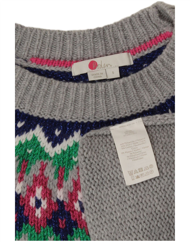 Boden Womens Crew Neck Jumper Sweater UK 10 Small Grey Fair Isle Polyamide