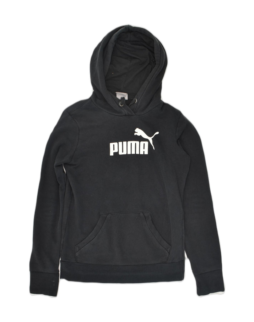 PUMA Womens Graphic Hoodie Jumper UK 8 Small Black Cotton | Vintage Puma | Thrift | Second-Hand Puma | Used Clothing | Messina Hembry 