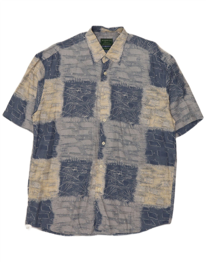 Rodrigo Mens Short Sleeve Shirt Size 41 16 Large Blue Patchwork Viscose