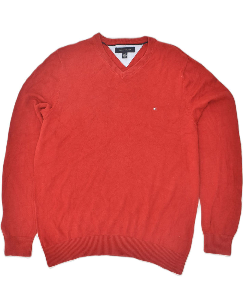 TOMMY HILFIGER Mens V-Neck Jumper Sweater Large Red Cotton | Vintage Tommy Hilfiger | Thrift | Second-Hand Tommy Hilfiger | Used Clothing | Messina Hembry 