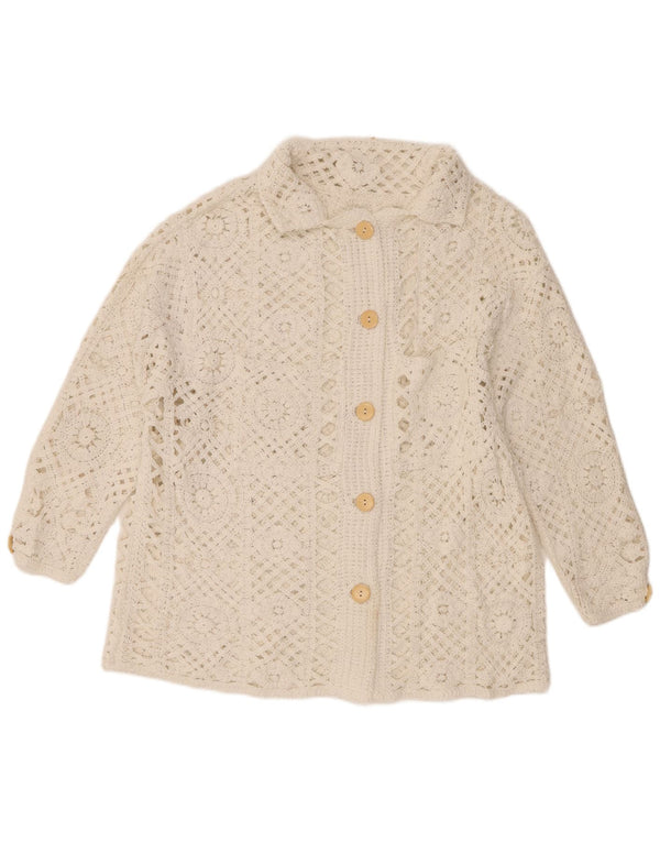 Vintage Womens 3/4 Sleeve Crochet Cardigan Sweater UK 18 XL White Cotton