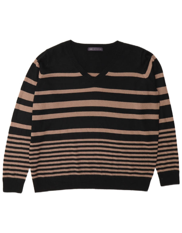 Marks & Spencer Womens V-Neck Jumper Sweater UK 16 Large Black Striped