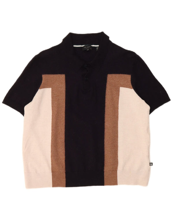 Ted Baker Mens Polo Neck Jumper Sweater Size 7 3XL Navy Blue Colourblock