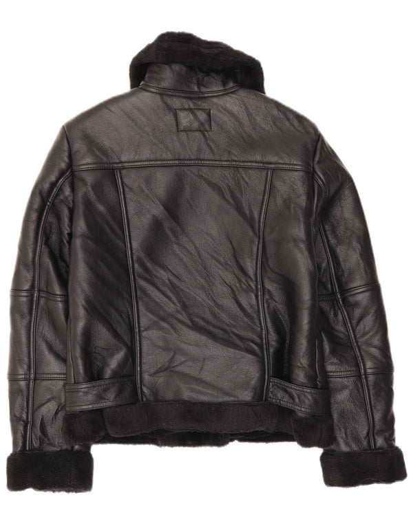 VINTAGE Womens Sherpa Faux Leather Biker Jacket UK 10 Small Black
