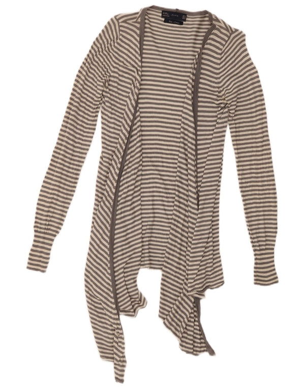Zara Womens Longline Asymmetric Cardigan Sweater UK 12 Medium Grey Striped