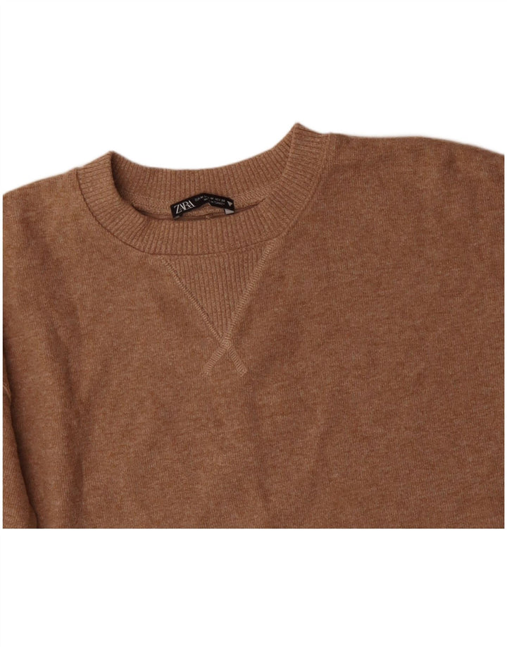 ZARA Womens Crop Crew Neck Jumper Sweater UK 14 Medium Beige Polyester