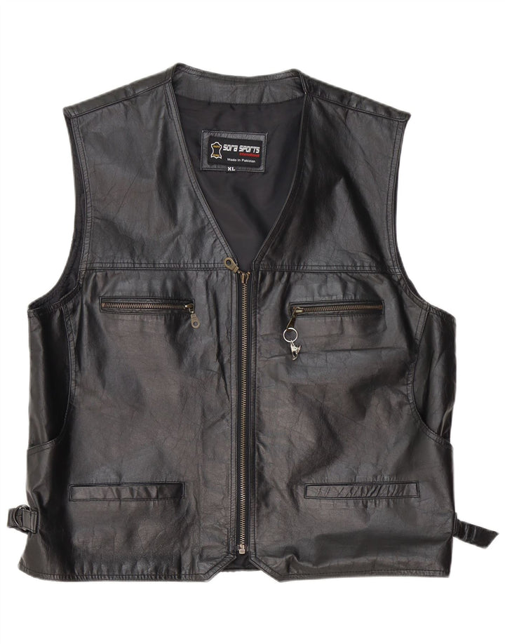 Vintage Mens Leather Waistcoat XL Black Leather