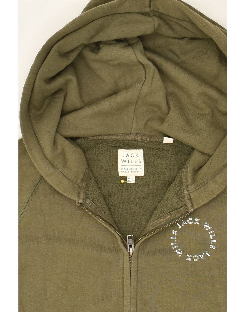 JACK WILLS Womens Graphic Zip Hoodie Sweater UK 12 Medium  Khaki Cotton | Vintage Jack Wills | Thrift | Second-Hand Jack Wills | Used Clothing | Messina Hembry 