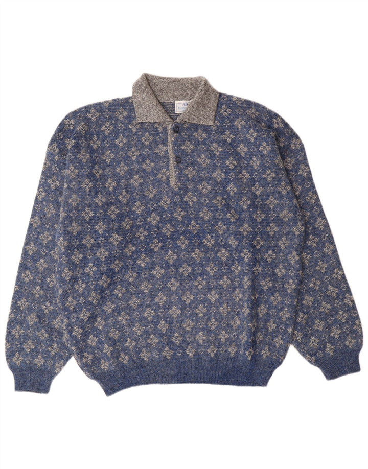 Umberto Severi Mens Polo Neck Jumper Sweater IT 52 Large Blue Floral