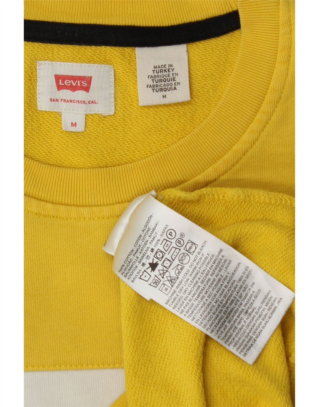 LEVI'S Mens Graphic Sweatshirt Jumper Medium Yellow Colourblock Cotton Vintage Levi's and Second-Hand Levi's from Messina Hembry 
