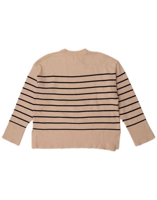 Zara Womens Crew Neck Jumper Sweater UK 14 Medium Beige Striped Viscose