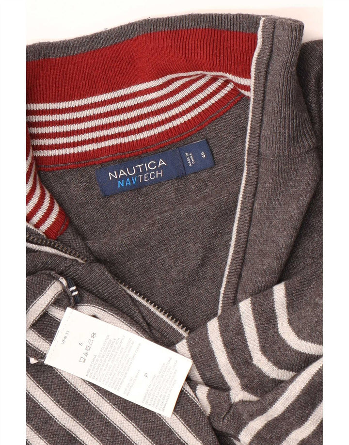 Nautica Mens Zip Neck Jumper Sweater Small Grey Striped Cotton