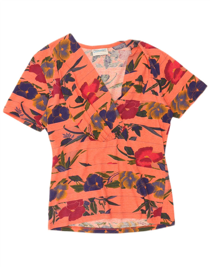 VINTAGE Womens Blouse Top UK 14 Medium Orange Floral Cotton
