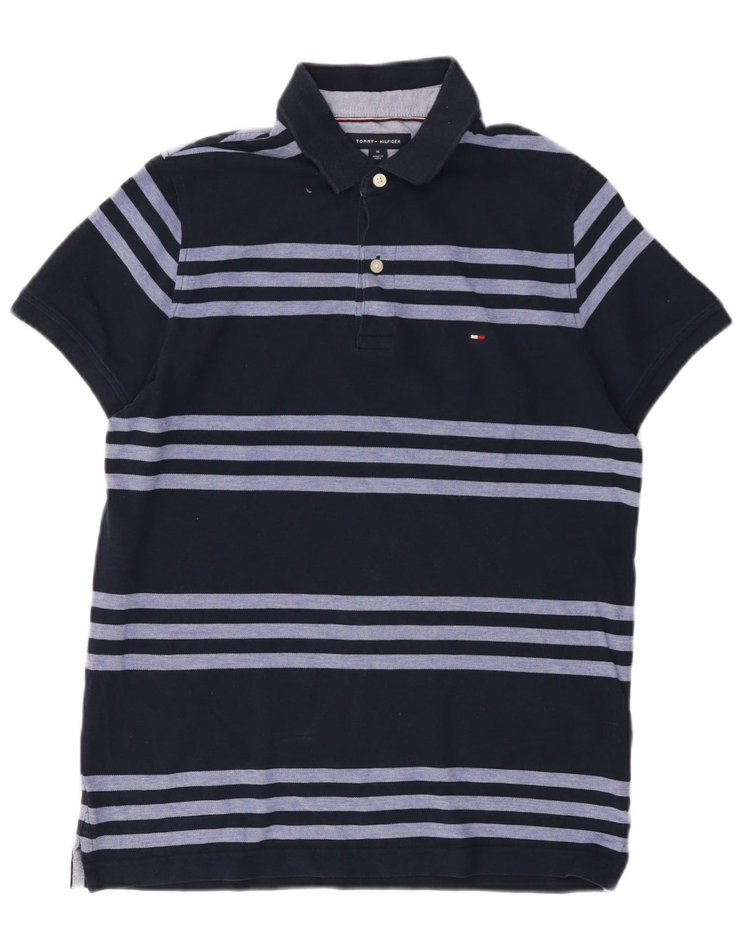Tommy Hilfiger Mens Polo Shirt Medium Navy Blue Striped Cotton