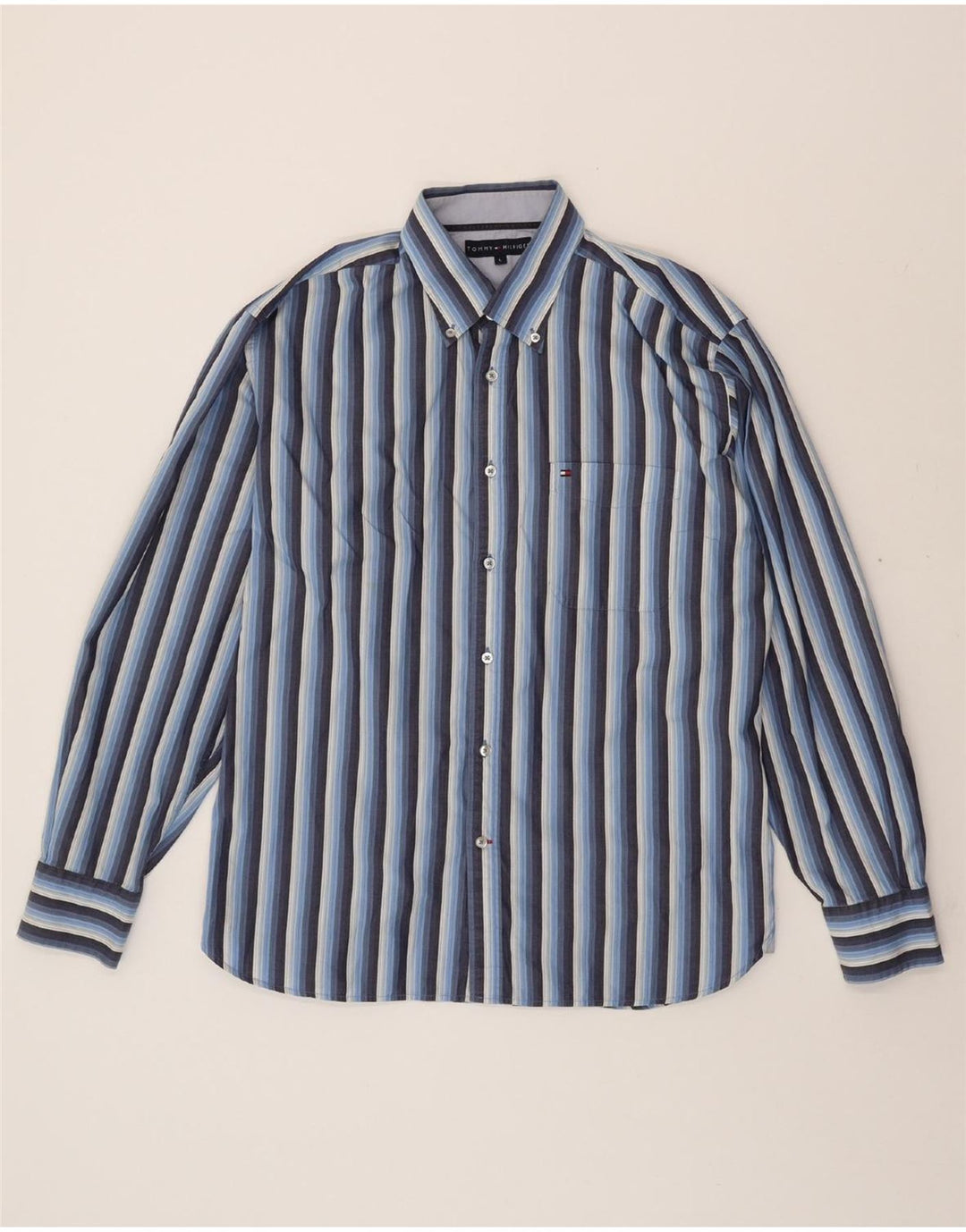 TOMMY HILFIGER Mens Shirt Large Blue Striped Cotton Vintage Tommy Hilfiger and Second-Hand Tommy Hilfiger from Messina Hembry 