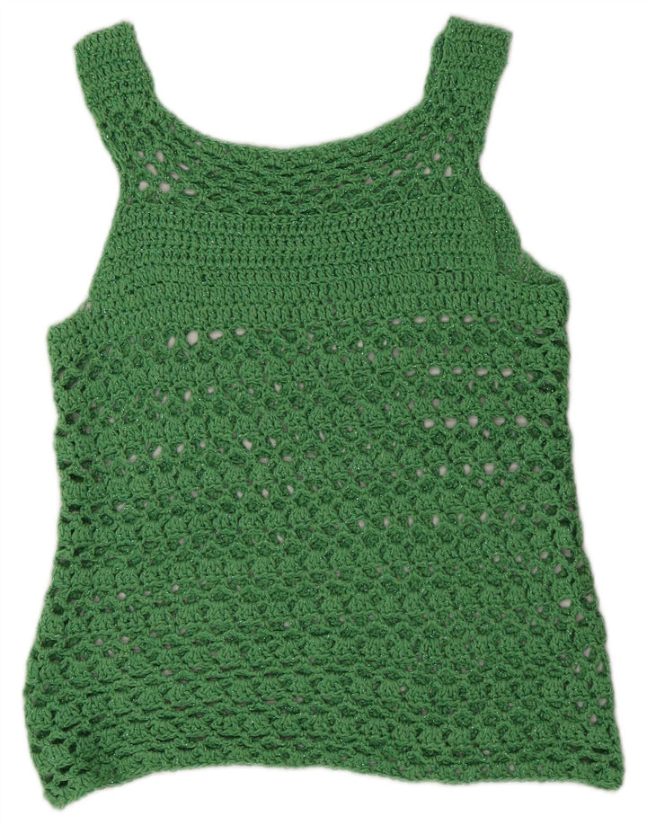 Vintage Womens See Through Crochet Vest Top UK 12 Medium Green