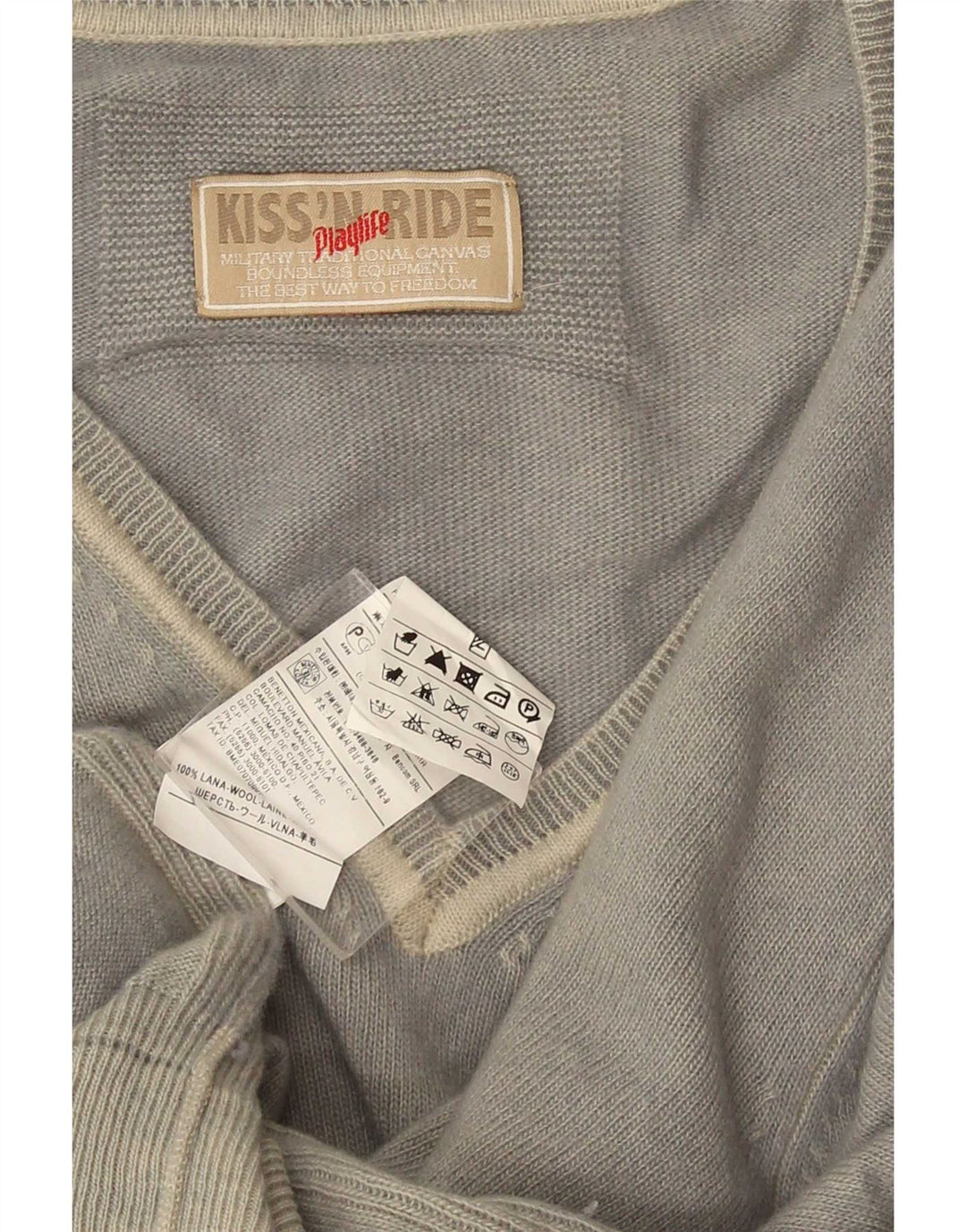 Playlife Mens V-Neck Jumper Sweater Large Grey Wool