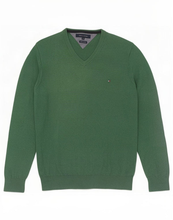 Tommy Hilfiger Mens V-Neck Jumper Sweater Medium Green Cotton