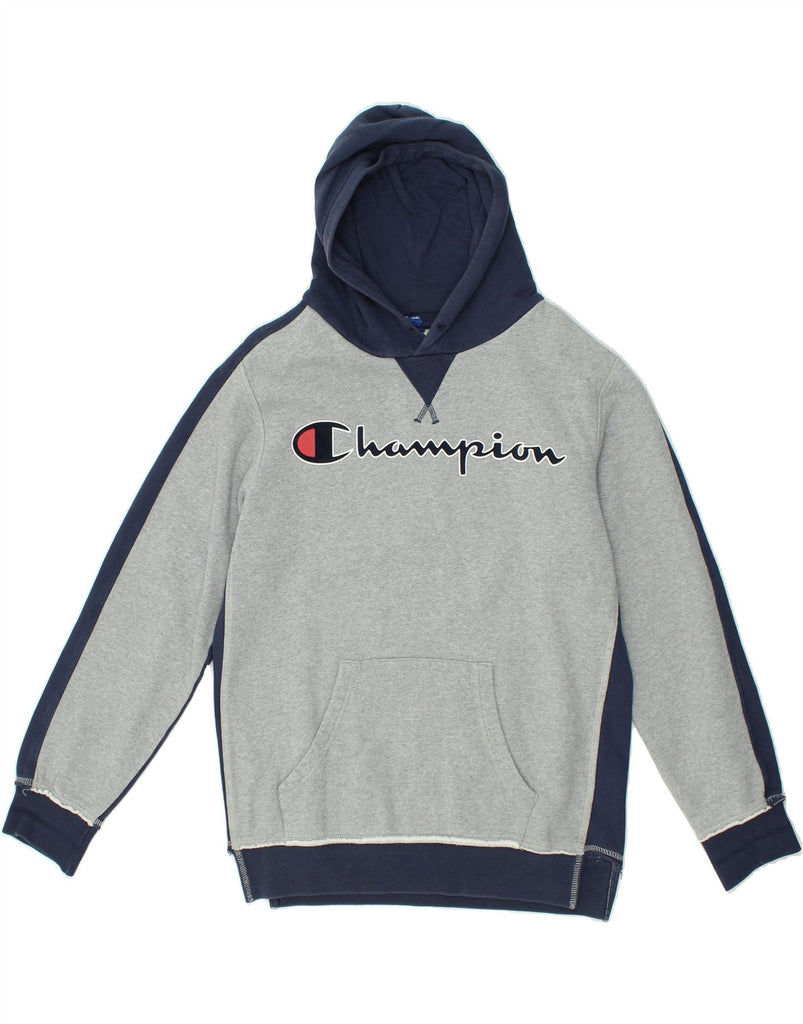 CHAMPION Womens Graphic Hoodie Jumper UK 14 Medium Grey Colourblock Cotton | Vintage Champion | Thrift | Second-Hand Champion | Used Clothing | Messina Hembry 