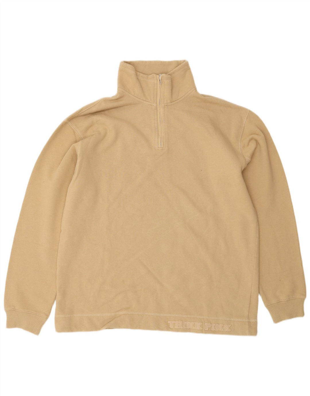 Think Pink Mens Zip Neck Sweatshirt Jumper Medium Beige Cotton