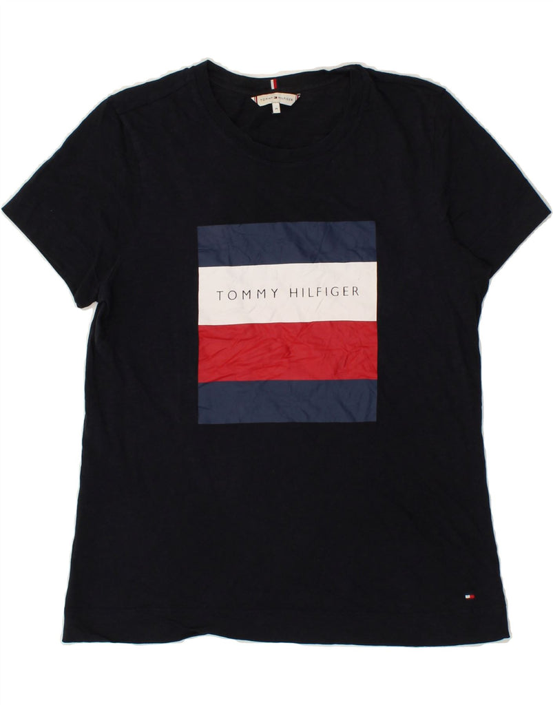 TOMMY HILFIGER Womens Graphic T-Shirt Top UK 12 Medium Navy Blue | Vintage Tommy Hilfiger | Thrift | Second-Hand Tommy Hilfiger | Used Clothing | Messina Hembry 